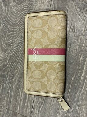 Coach Canvas Zip Wallet with Pink and Mint Center Stripe